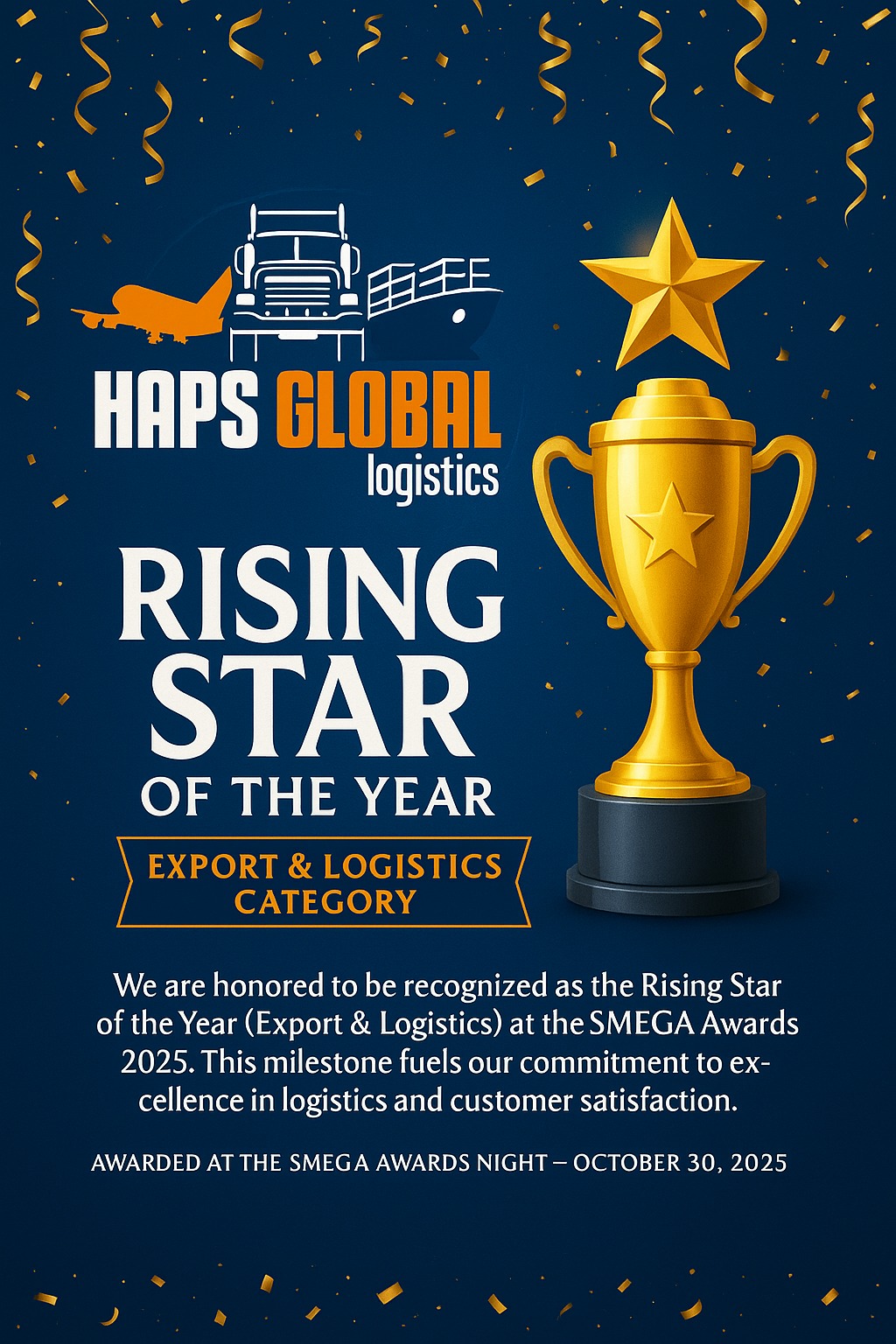 HAPS Global Logistics — Rising Star of the Year, Export & Logistics, SMEGA Awards 2025